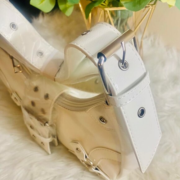 Women's Studded PU Leather Tote Handbag Adjustable Strap Boho Bags -White - Picture 3 of 11
